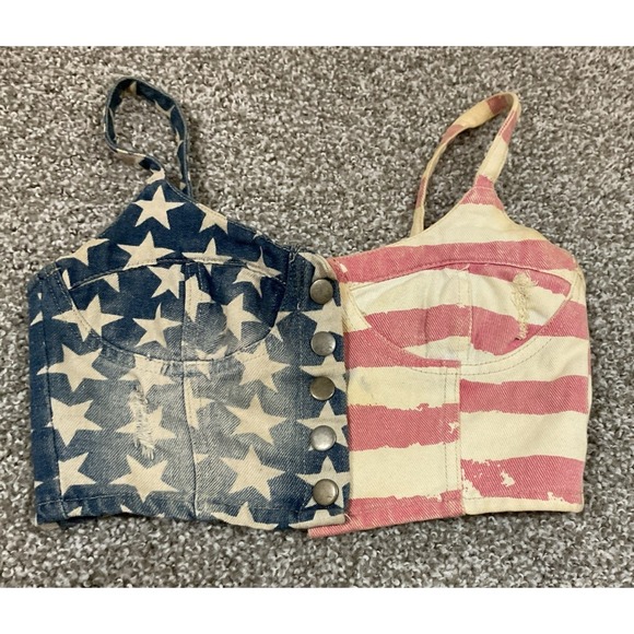 36Point5 Tops - 36point5 Distressed Denim‎ American Flag Snap Front Bustier Corset Halter Top Sm